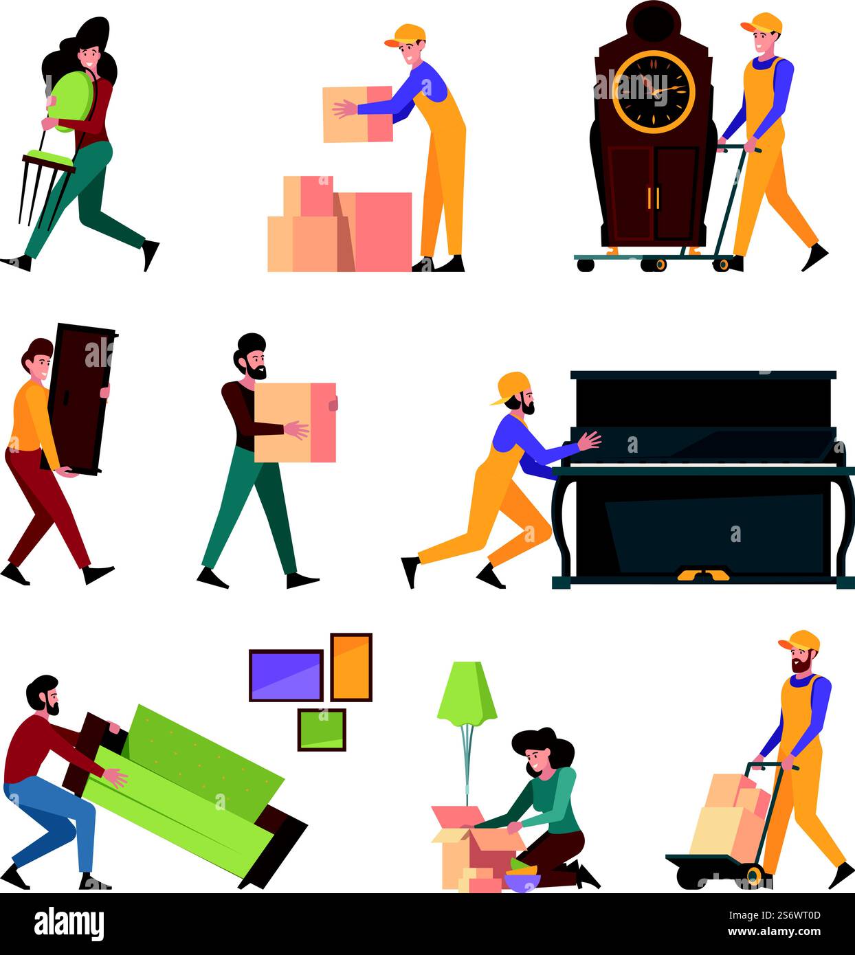 Relocation family. Happy people moving modern furniture couple going in ...