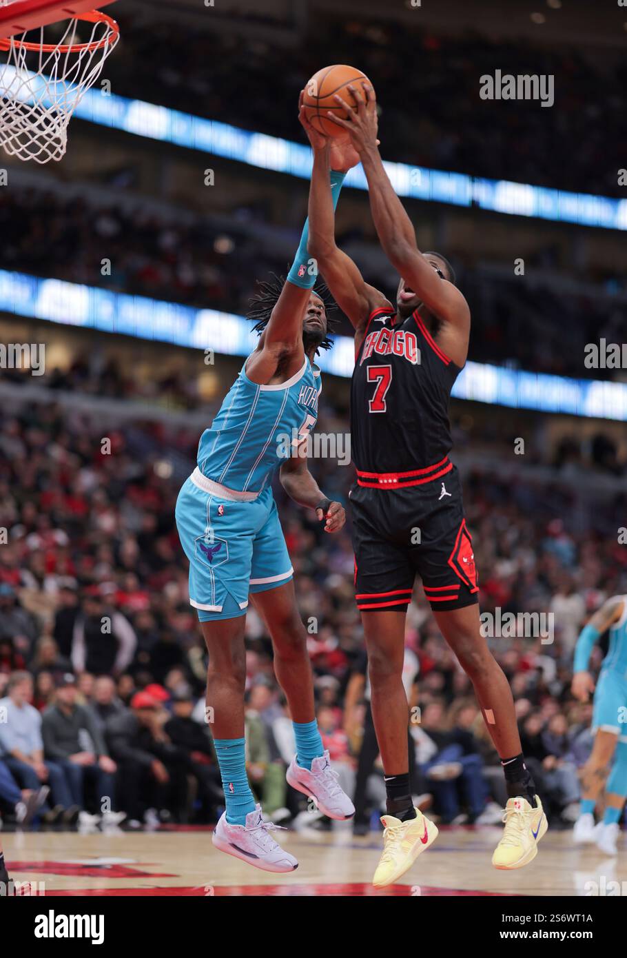 CHICAGO, IL - JANUARY 17: Jalen Smith #7 of the Chicago Bulls grabs the ...