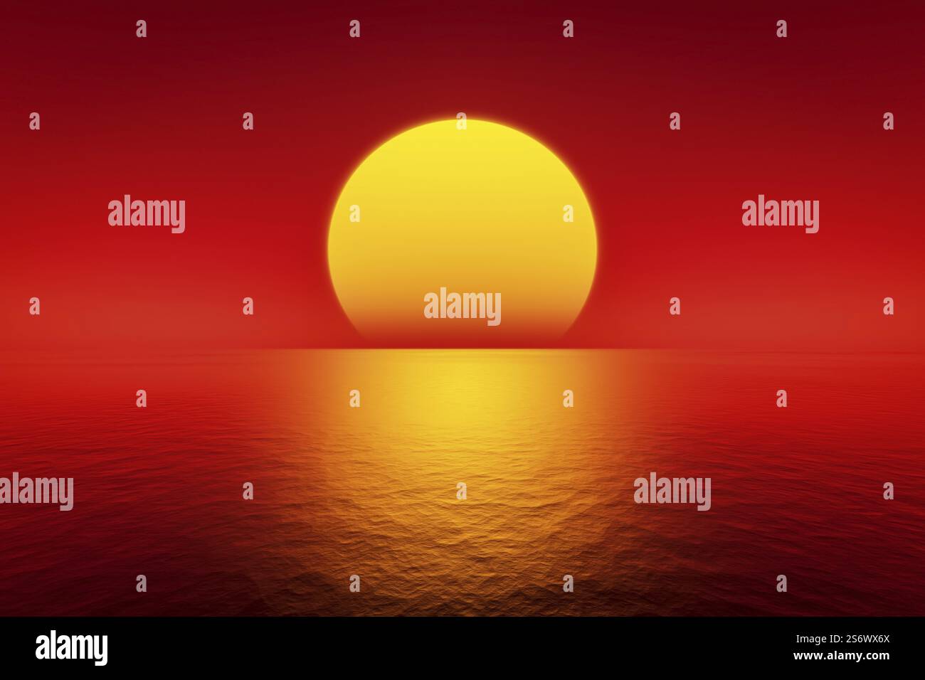 Big red sunset over the ocean 3d illustration Stock Photo - Alamy