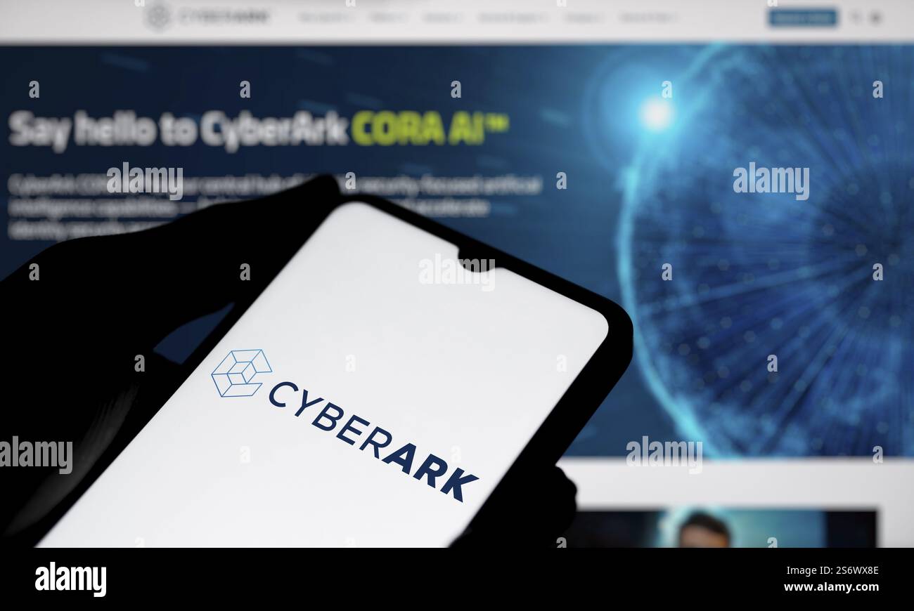 Cyberark logo is displayed on smartphone. CyberArk Software Ltd. is an Israeli publicly traded information security company Stock Photo