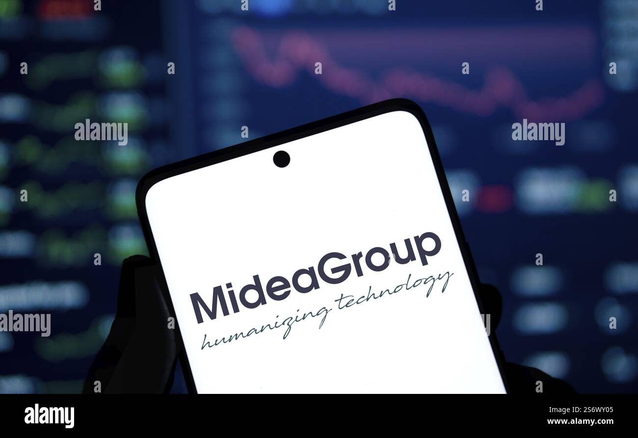 Midea group logo is displayed on smartphone. Midea Group is a Chinese ...