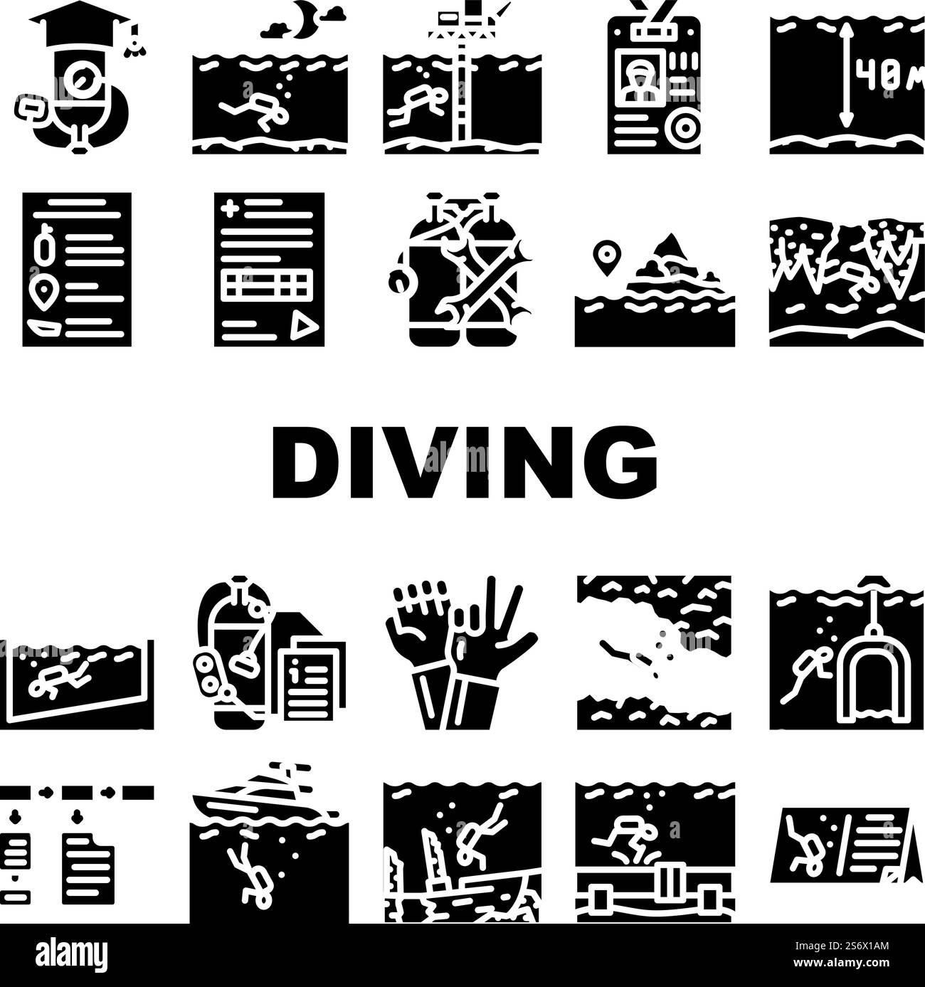 Diving School Education Lesson Icons Set Vector. Diving School Course ...