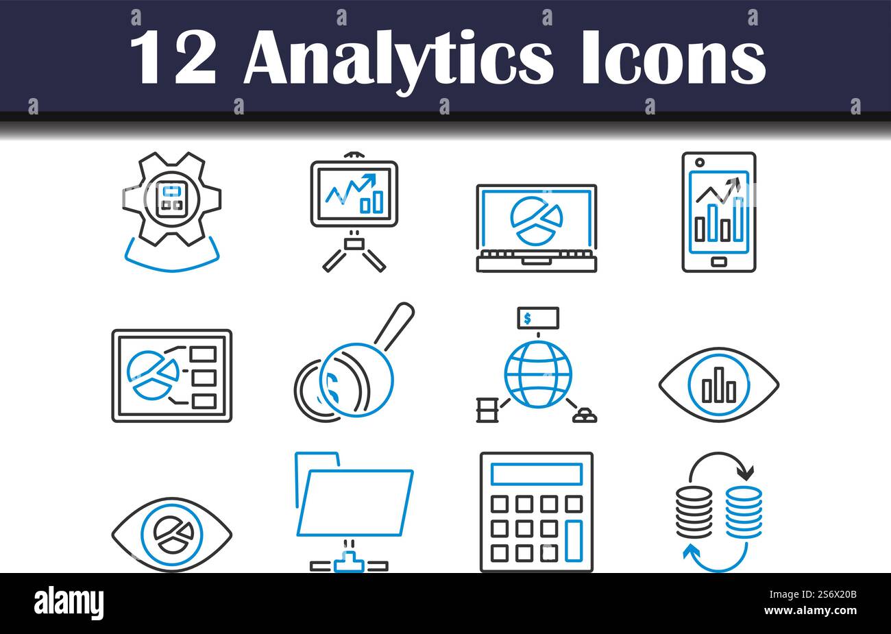 Analytics Icon Set. Editable Bold Outline With Color Fill Design. Vector Illustration. Stock Vector