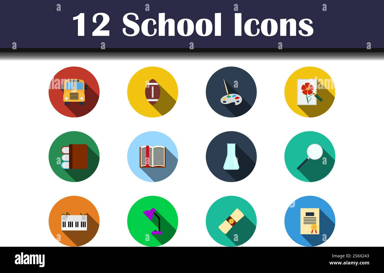 School Icon Set. Flat Design With Long Shadow. Vector illustration. Stock Vector