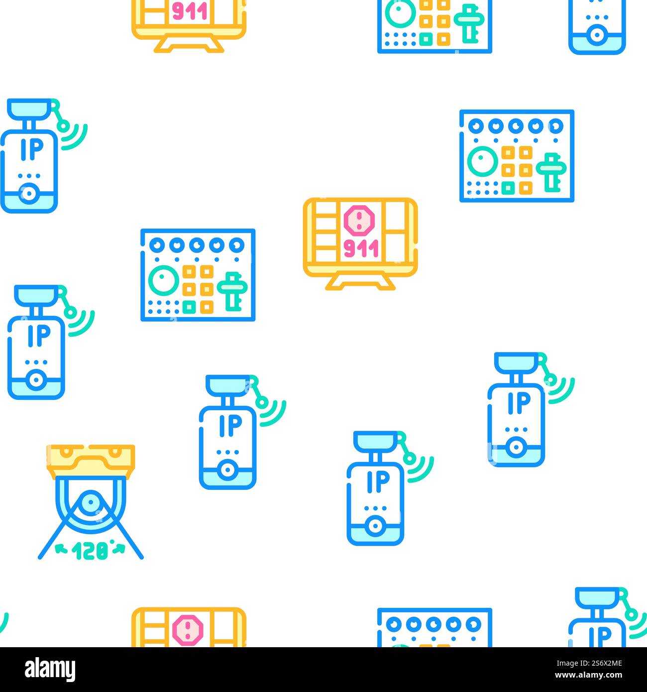 Cctv Camera Security Vector Seamless Pattern Color Line Illustration. Cctv Camera Security Vector Seamless Pattern Stock Vector