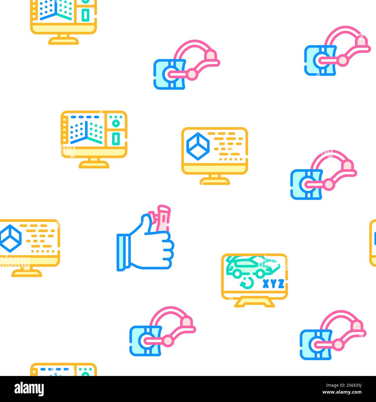 Vr Designer Occupation Vector Seamless Pattern Color Line Illustration. Vr Designer Occupation Vector Seamless Pattern Stock Vector