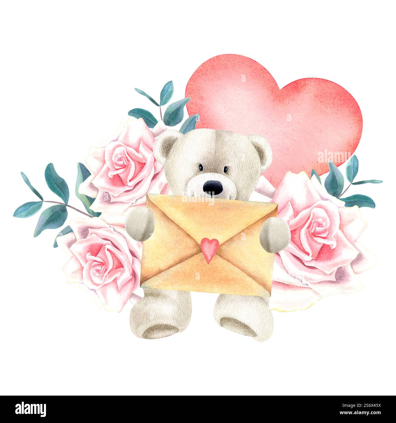 Teddy bear sitting and holding envelope surrounded by roses and a heart ...