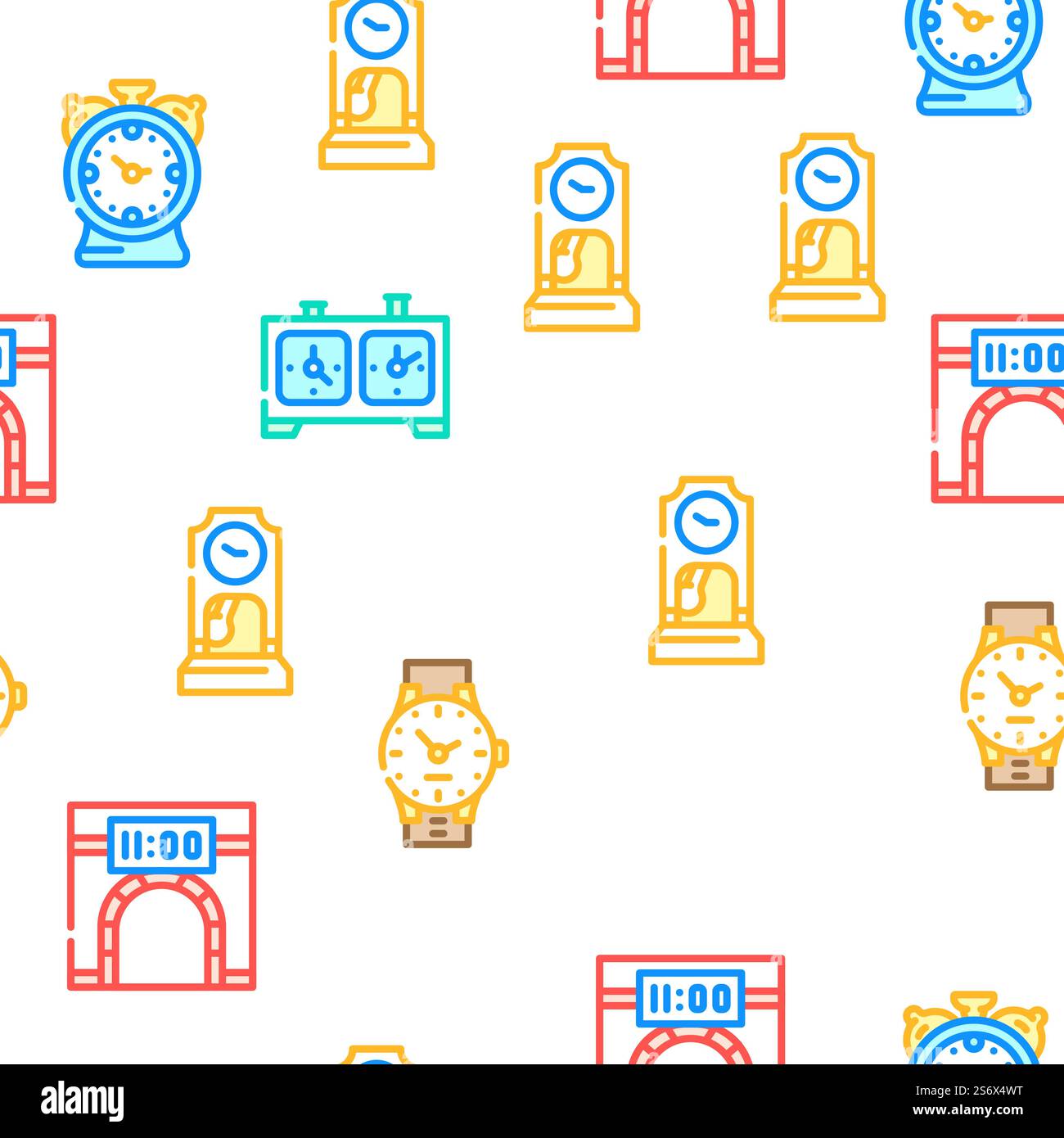 Clock And Watch Time Equipment Vector Seamless Pattern Color Line ...