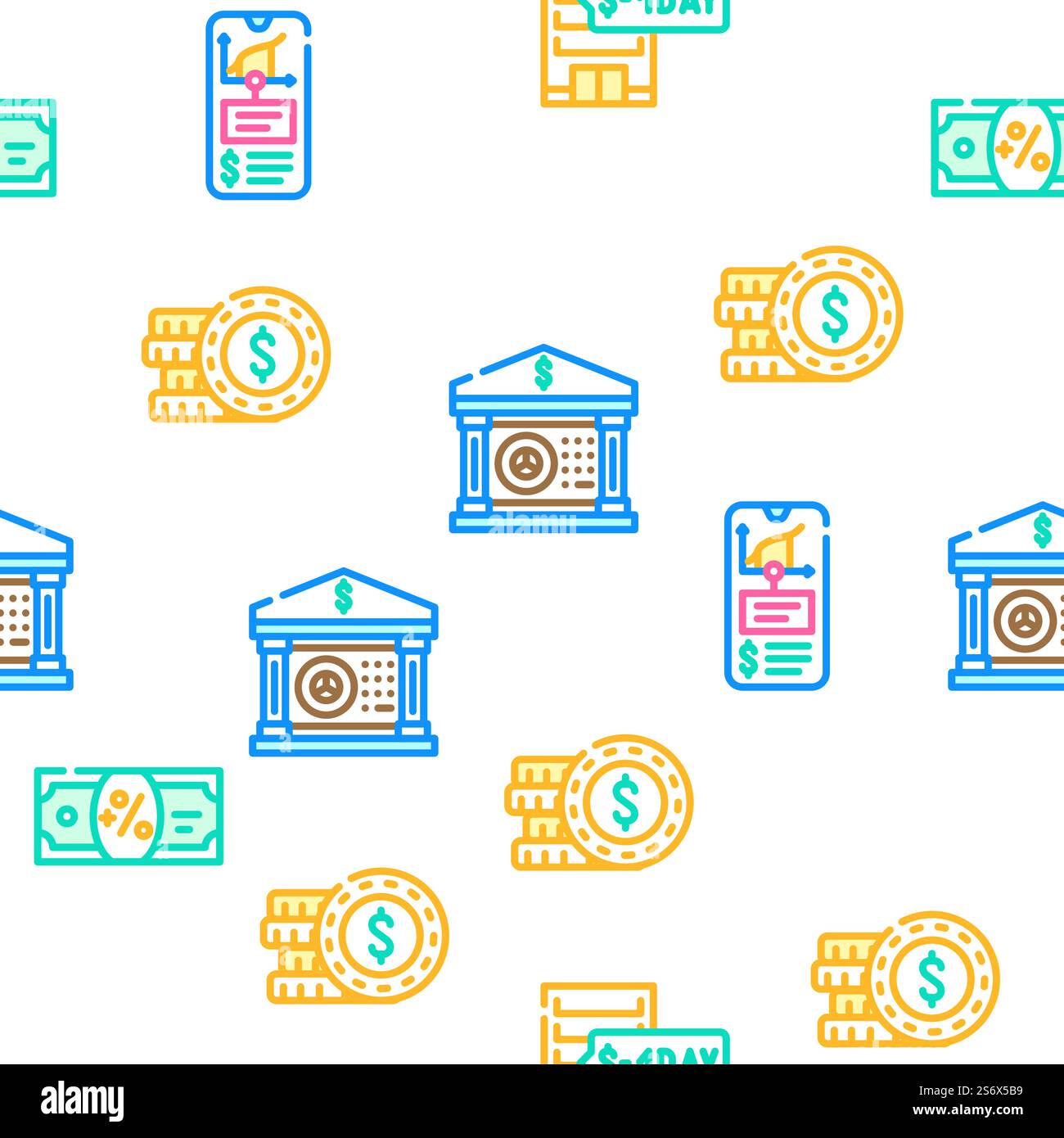Passive Income Finance Earning Vector Seamless Pattern Color Line Illustration. Passive Income Finance Earning Icons Set Vector Stock Vector
