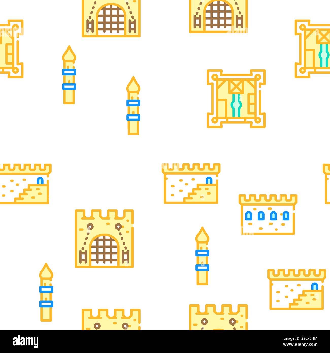 Castle Construction Vector Seamless Pattern Color Line Illustration. Castle Construction Vector Seamless Pattern Stock Vector