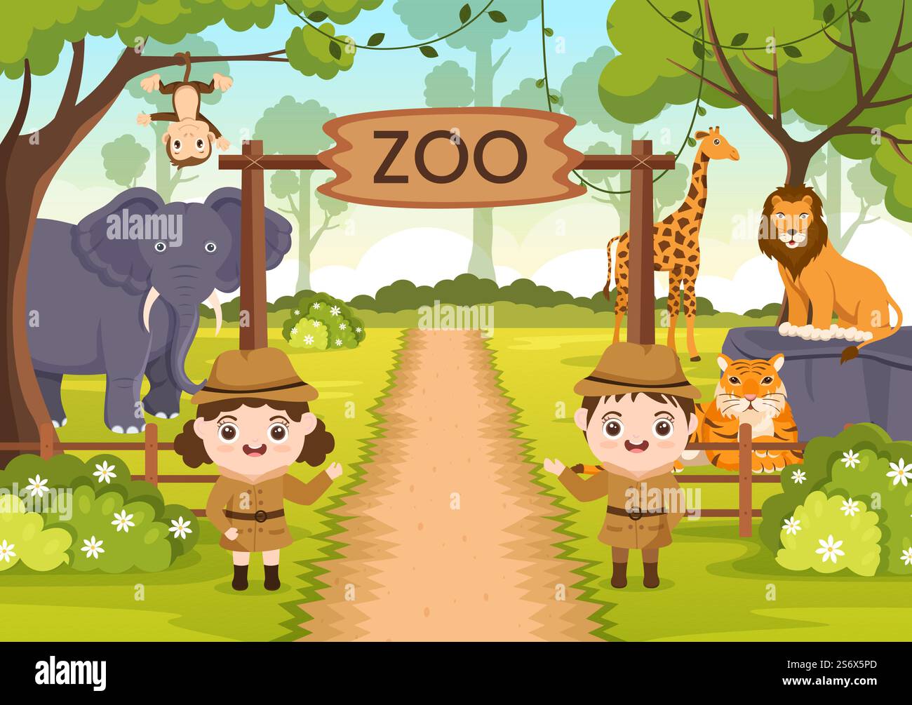 Zoo Cartoon Illustration with Safari Animals Elephant, Giraffe, Lion ...