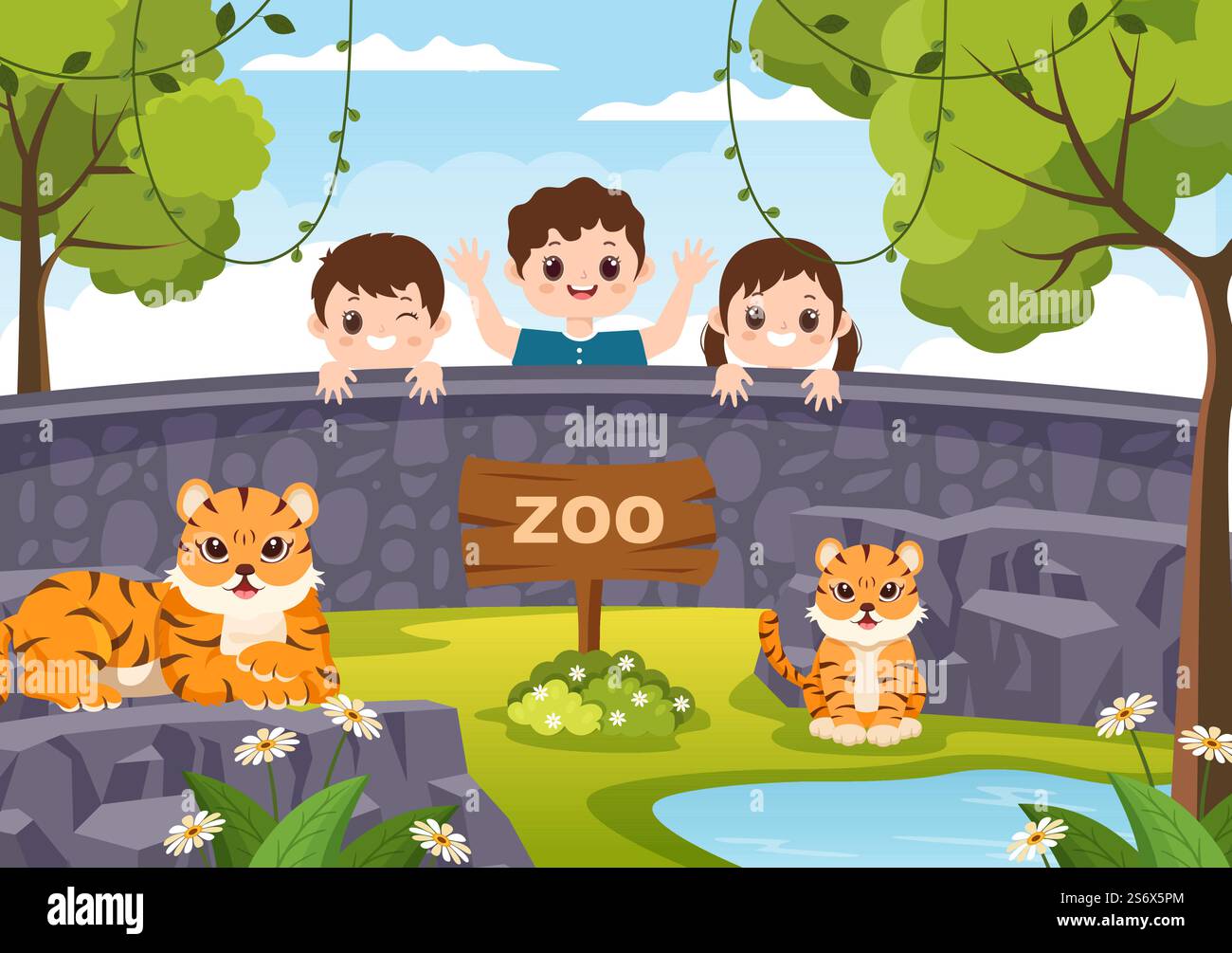 Zoo Cartoon Illustration with Safari Animals Lion, Tiger, Cage and ...