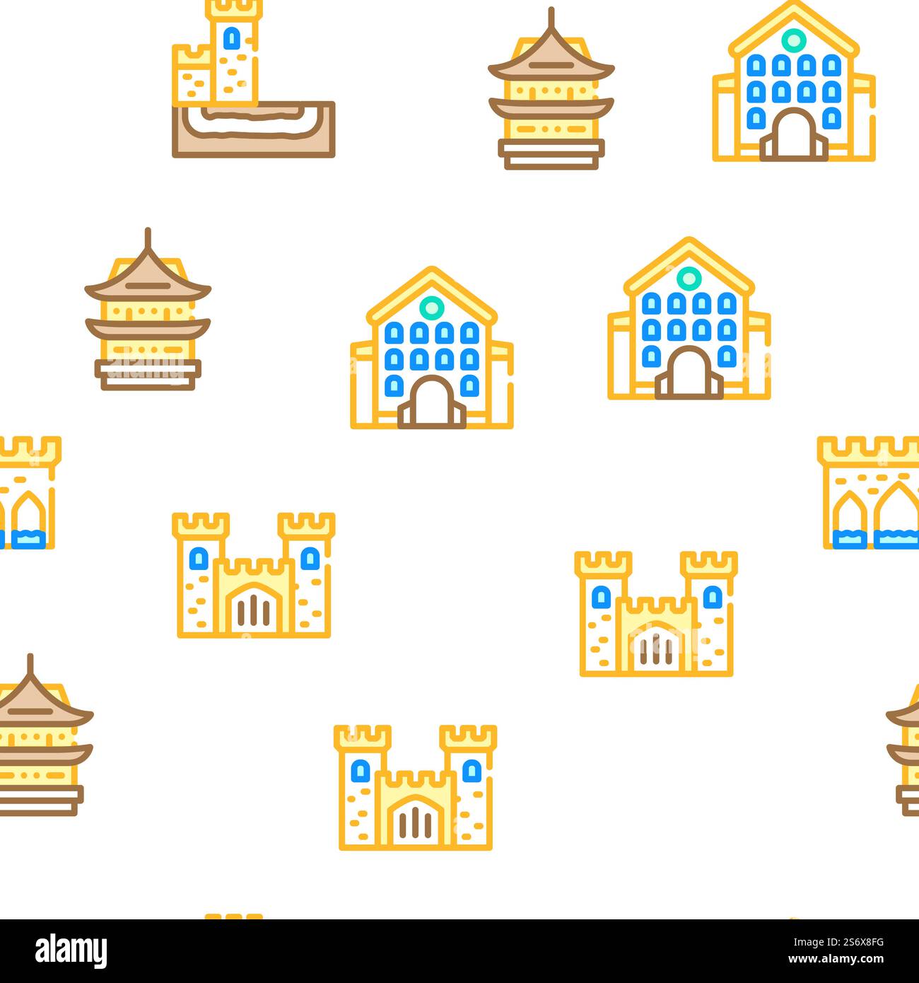 Castle Construction Vector Seamless Pattern Color Line Illustration. Castle Construction Vector Seamless Pattern Stock Vector