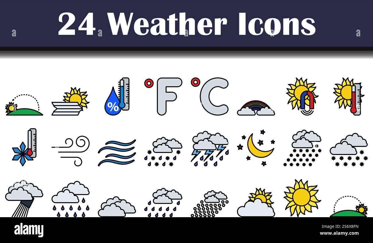 Weather Icon Set. Editable Bold Outline With Color Fill Design. Vector ...