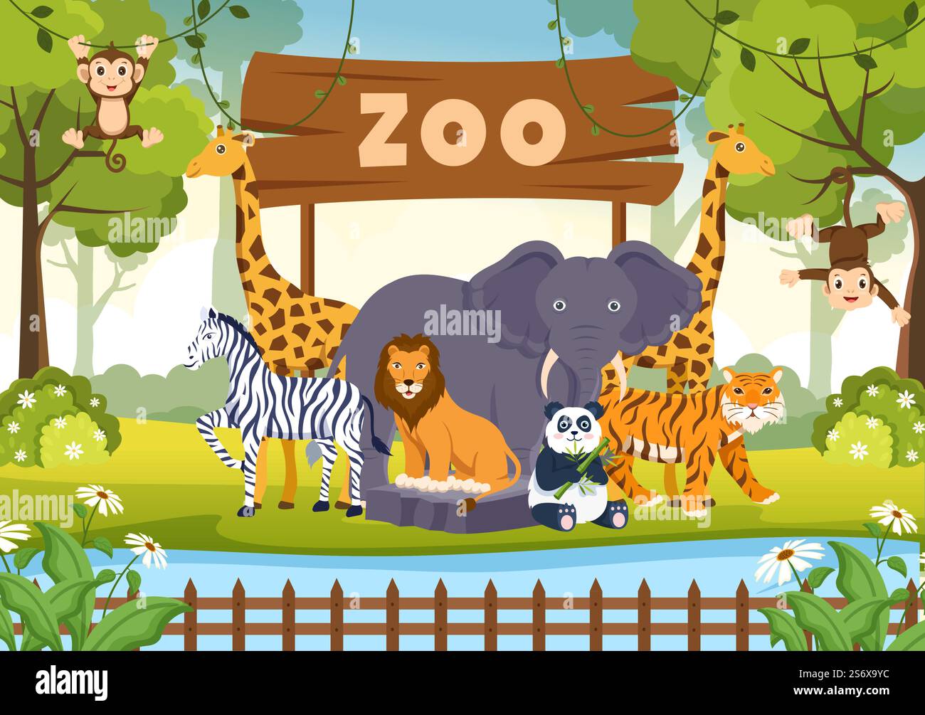 Zoo Cartoon Illustration with Safari Animals Elephant, Giraffe, Lion ...