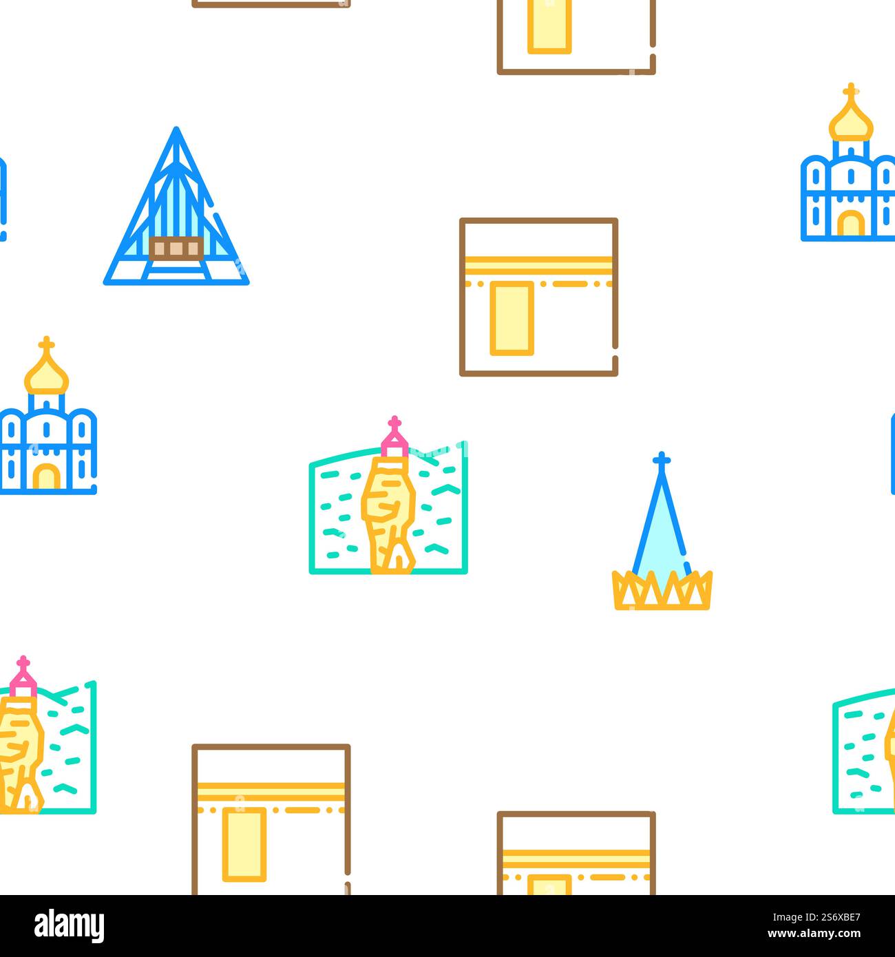 Temple Construction Vector Seamless Pattern Color Line Illustration ...