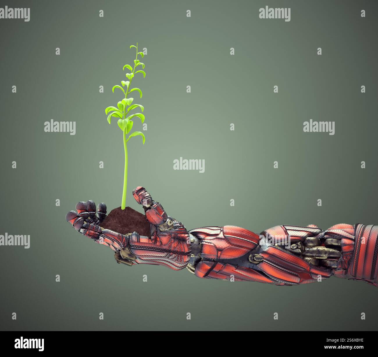 Robot hand holding a plant grounded with soil. This is a 3d render ...
