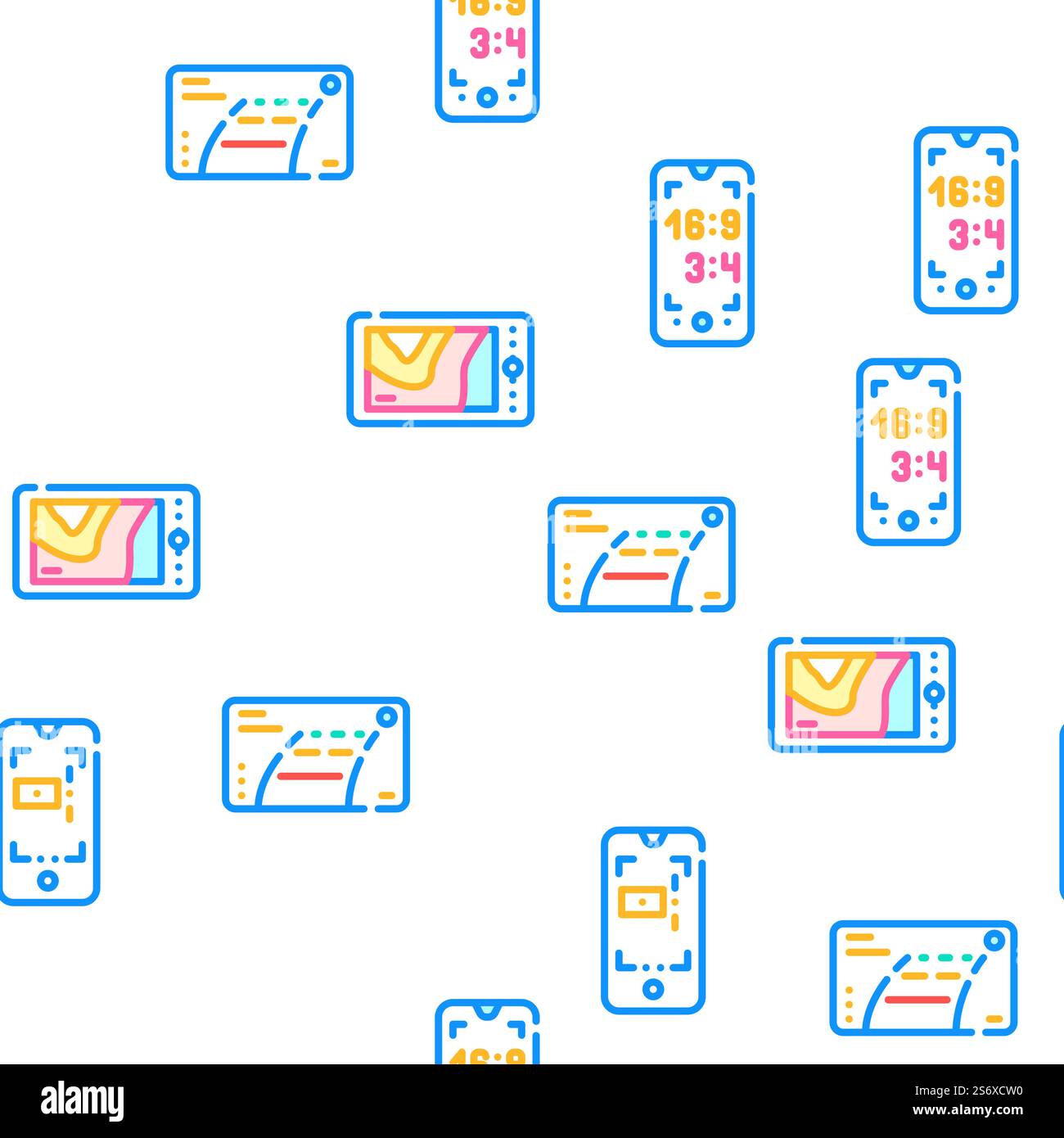 Viewfinder Smartphone Function Vector Seamless Pattern Color Line Illustration. Viewfinder Smartphone Function Icons Set Vector Stock Vector