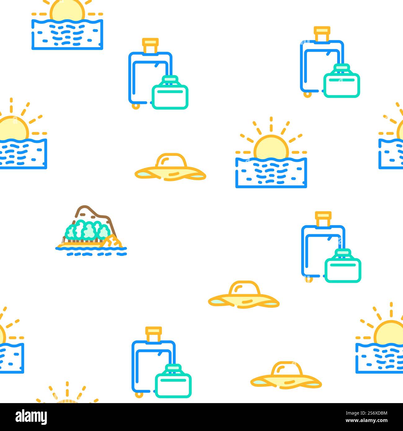Summer Vacation Enjoying Traveler Vector Seamless Pattern Color Line ...