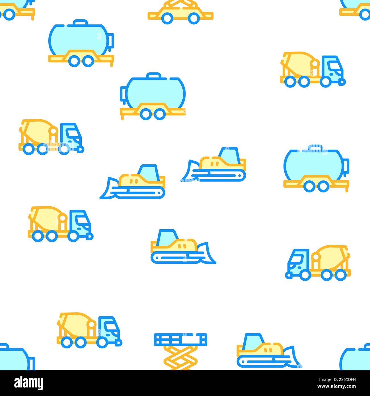 Construction Vehicle Collection Vector Seamless Pattern Color Line ...