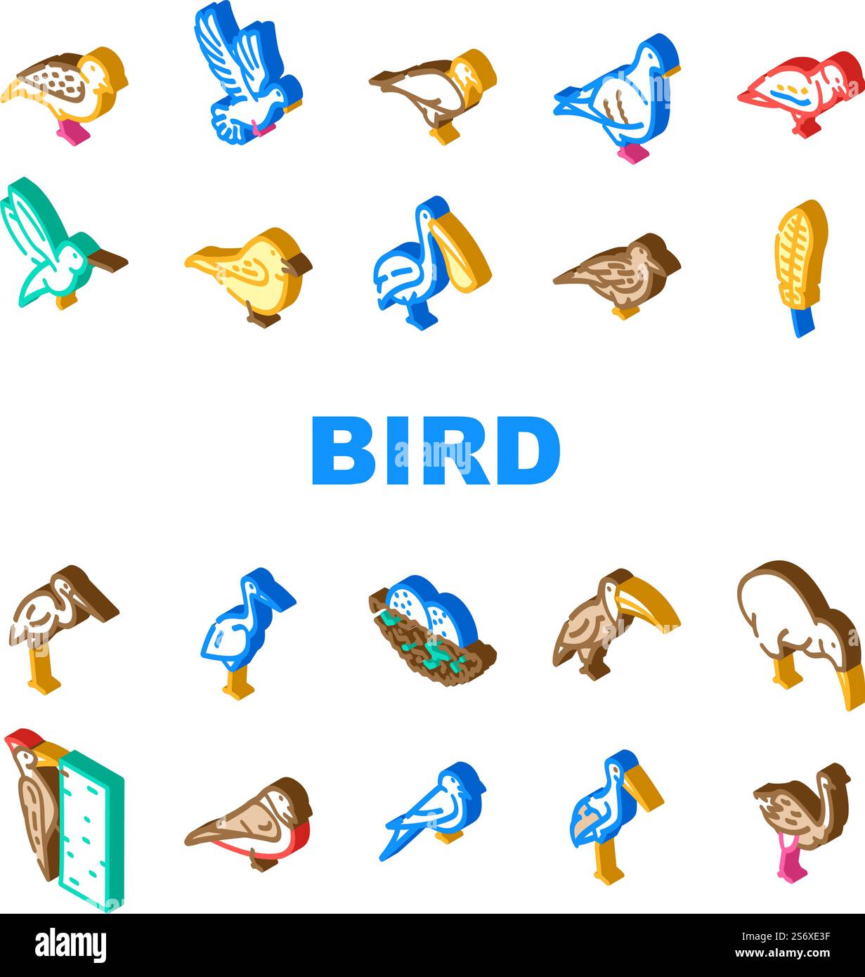 Bird Flying And Eggs In Nest Icons Set Vector. Toucan And Eagle, Crane ...