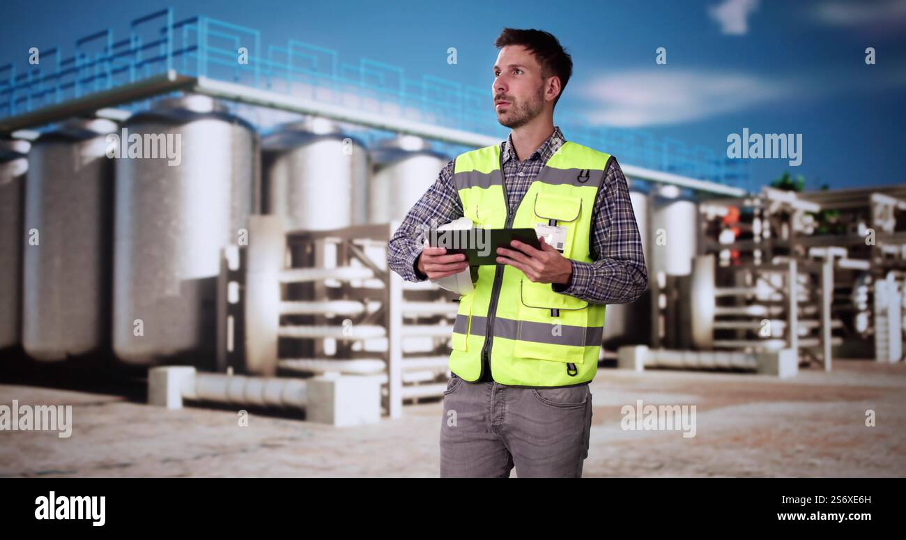 Silo Industrial Facility Manager At Work. Safety Inspector Stock Photo