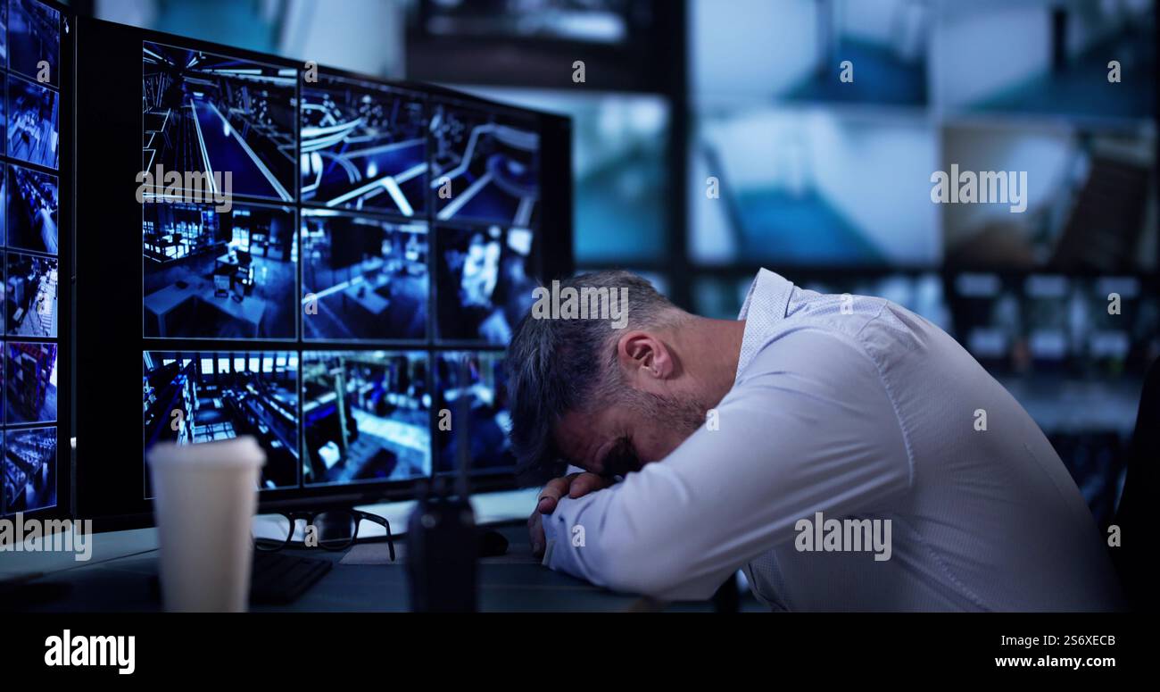 Security System CCTV Camera Operator Using Computer Monitor Stock Photo