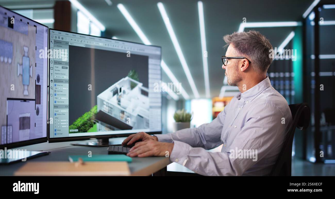 Analyzing House Floor Plan: Architect Renovating Property Stock Photo