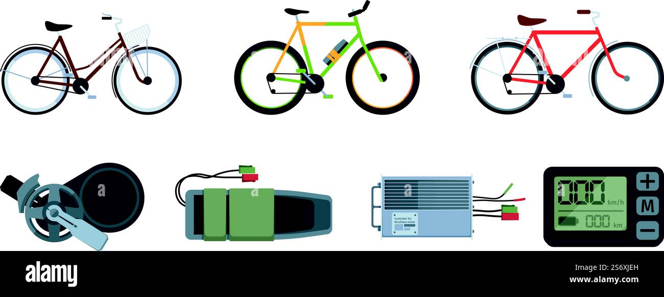 Electro bike. Eco urban transport moving from electricity bicycle equipment wheels motor gears pedals engine garish vector flat illustration. Bike electro and battery electric. Electro bike. Eco urban transport moving from electricity bicycle equipment wheels motor gears pedals engine garish vector flat illustration Stock Vector