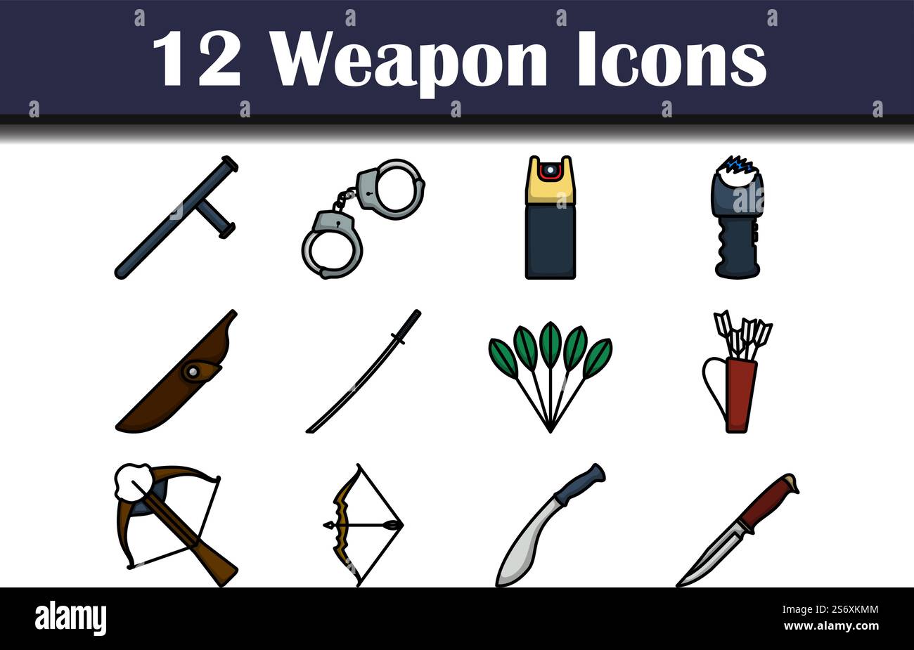 Weapon Icon Set. Editable Bold Outline With Color Fill Design. Vector ...