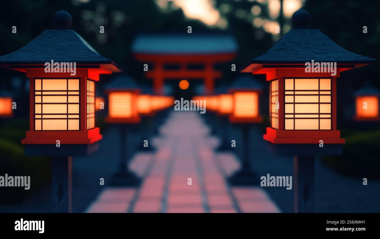 Elegant Japanese lanterns lining the tranquil pathway leading to a ...