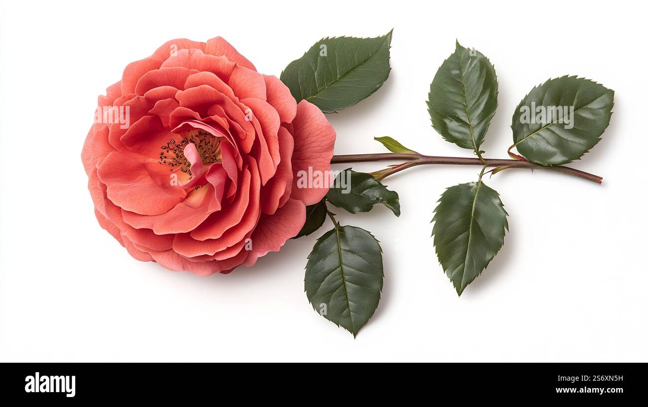 Vibrant red rose bloom with lush green leaves on a pristine white ...