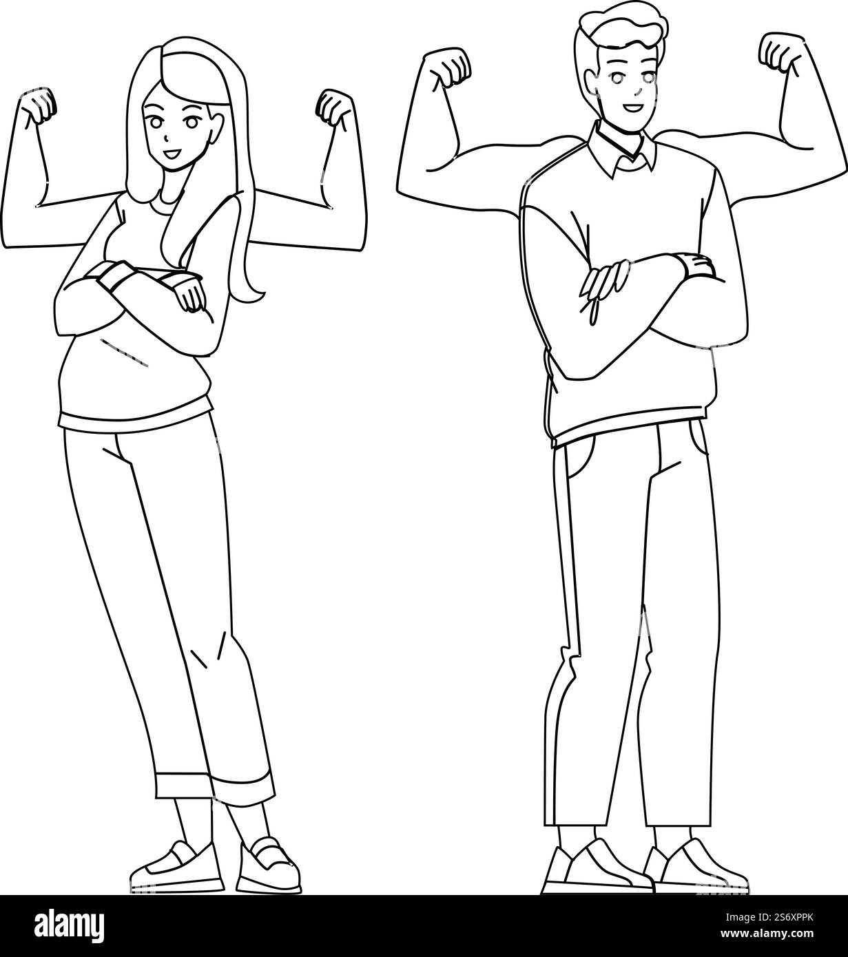 Self Confident Man And Woman Feeling Power Vector. Self Confident Businessman And Businesswoman Feel Strong Muscle. Characters Motivation And Strength black line illustration. Self Confident Man And Woman Feeling Power Vector Stock Vector