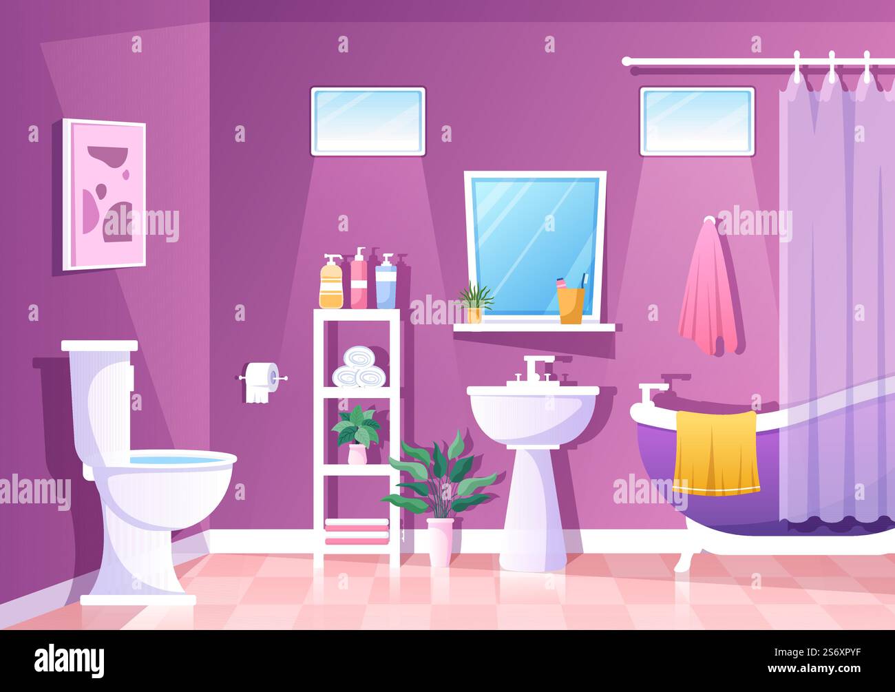 Modern Bathroom Furniture Interior Background Illustration with Bathtub ...