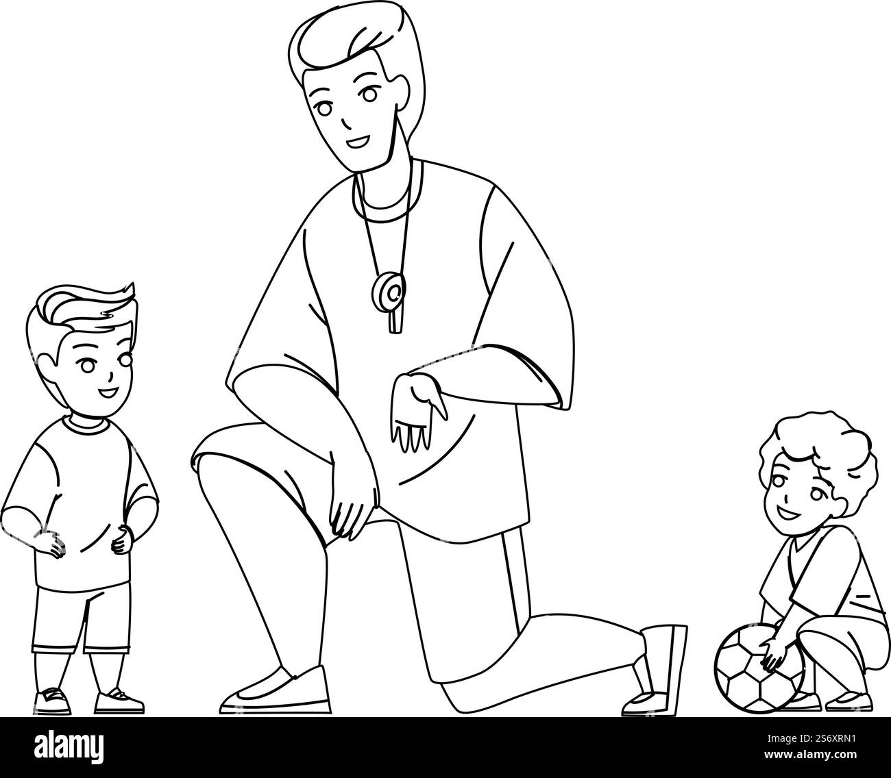 Soccer Coach Training Children On Stadium Vector. Man Soccer Coach Explain Rules Of Sport Game And Study Kids On Football Playground. Characters Sportive Activity black line illustration. Soccer Coach Training Children On Stadium Vector Stock Vector