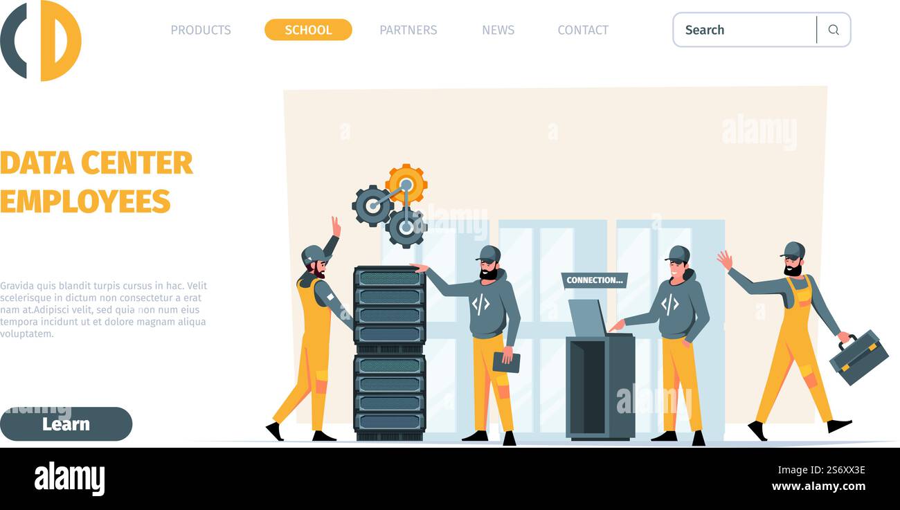 Data center landing. Servers engineers workers repairing industrial web servers garish vector web page template. Illustration of server database engineer and hardware support. Data center landing. Servers engineers workers repairing industrial web servers garish vector web page template Stock Vector