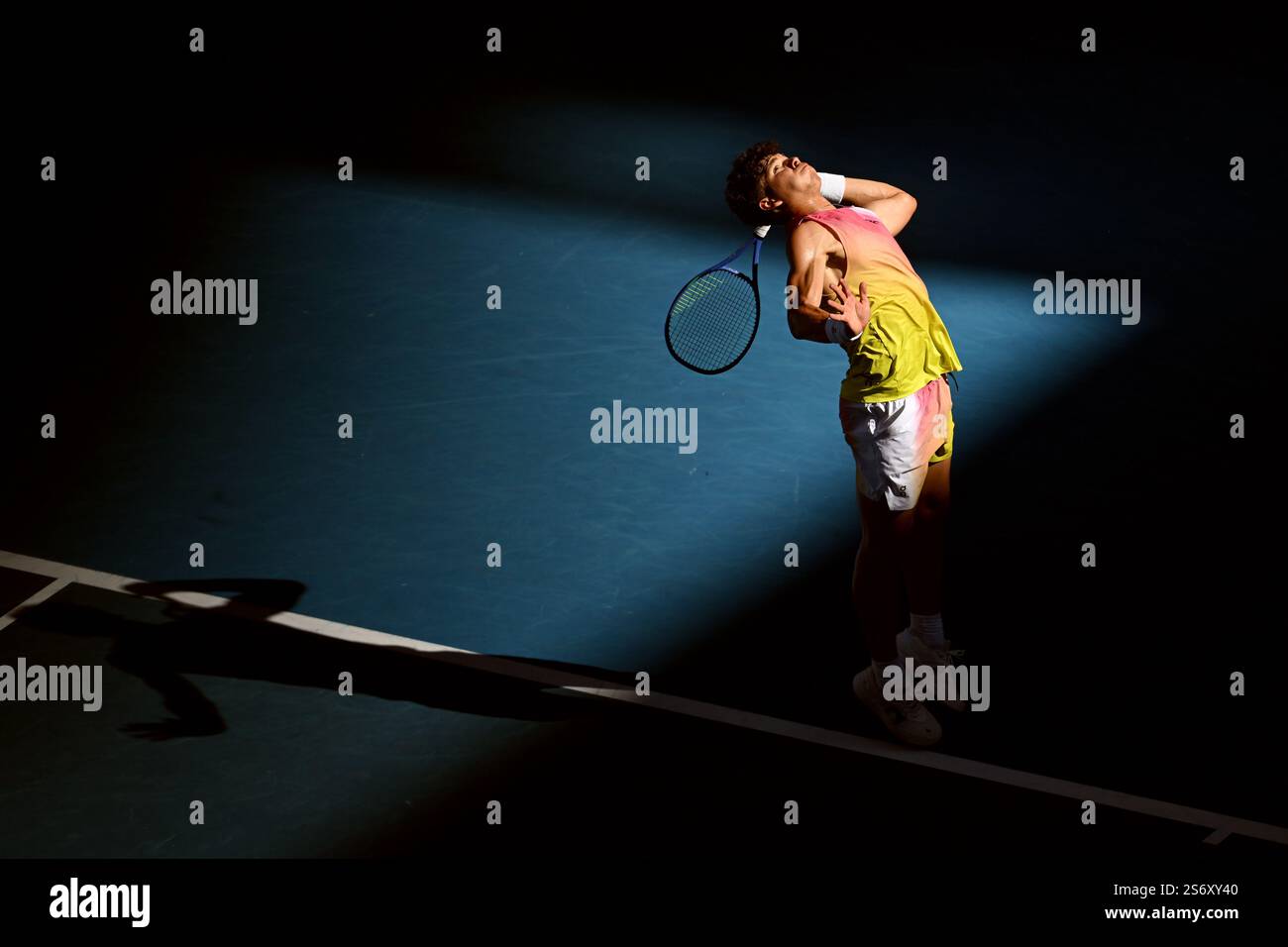 Ben Shelton of USA returns during his round three match against Lorenzo