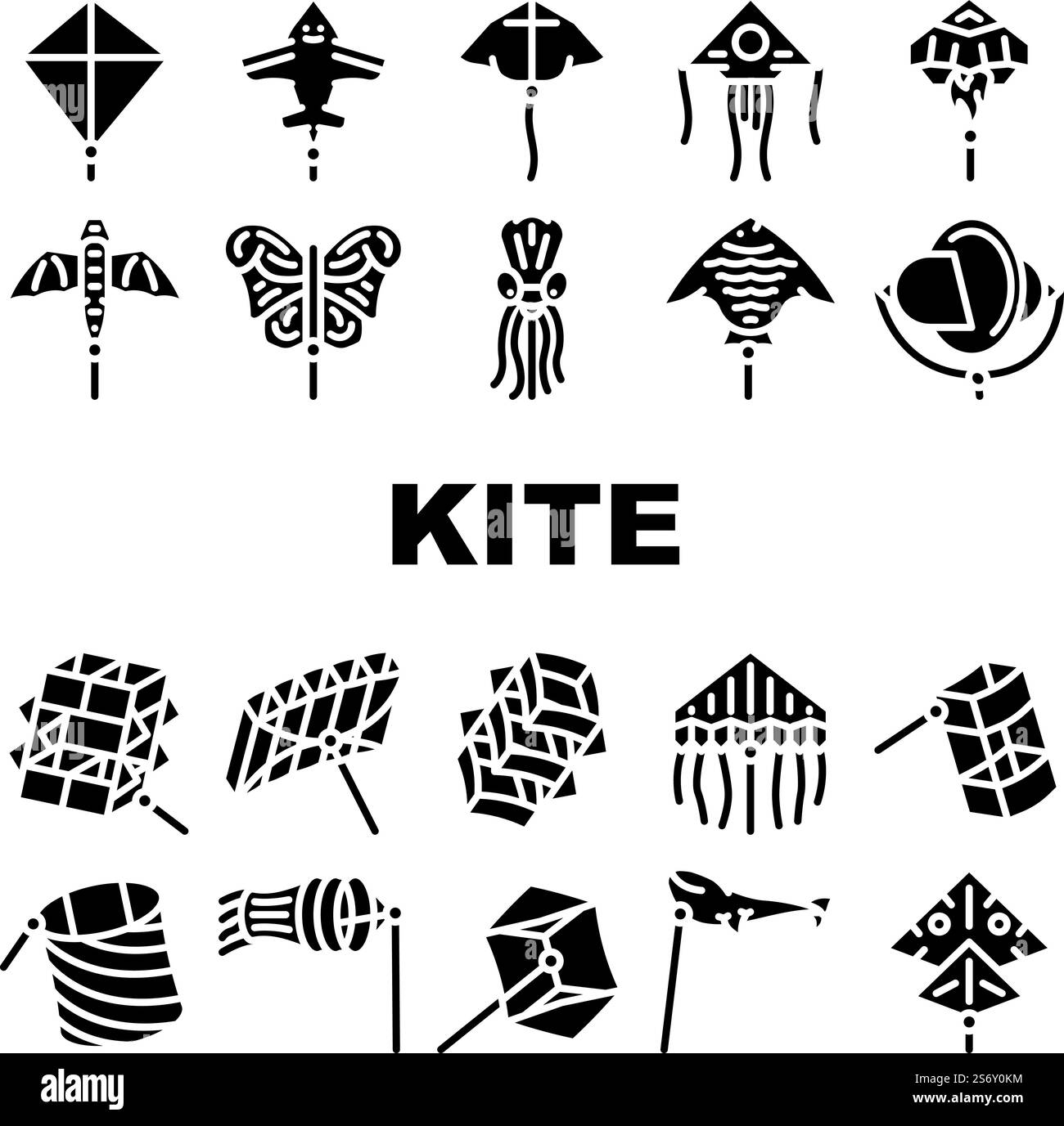 Flying Kite Children Funny Toy Icons Set Vector. Flying Kite In ...