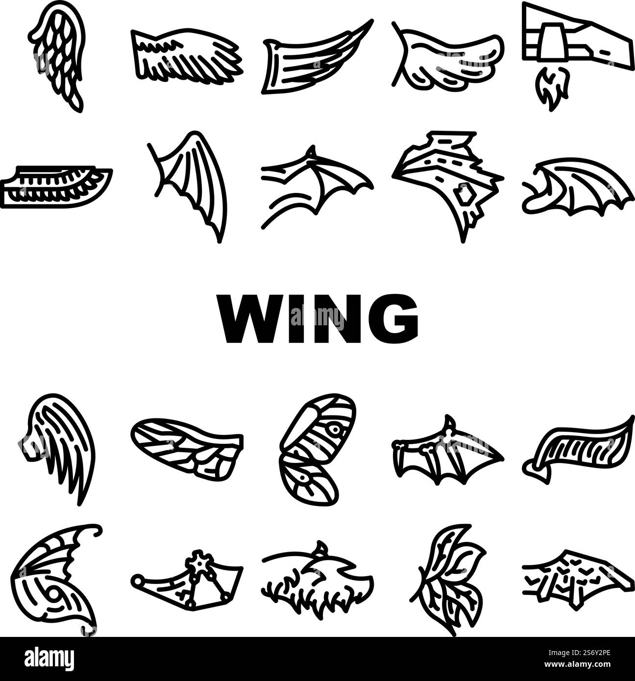 Wing Fly Animal, Bird And Insect Icons Set Vector. Butterfly And Cupid ...
