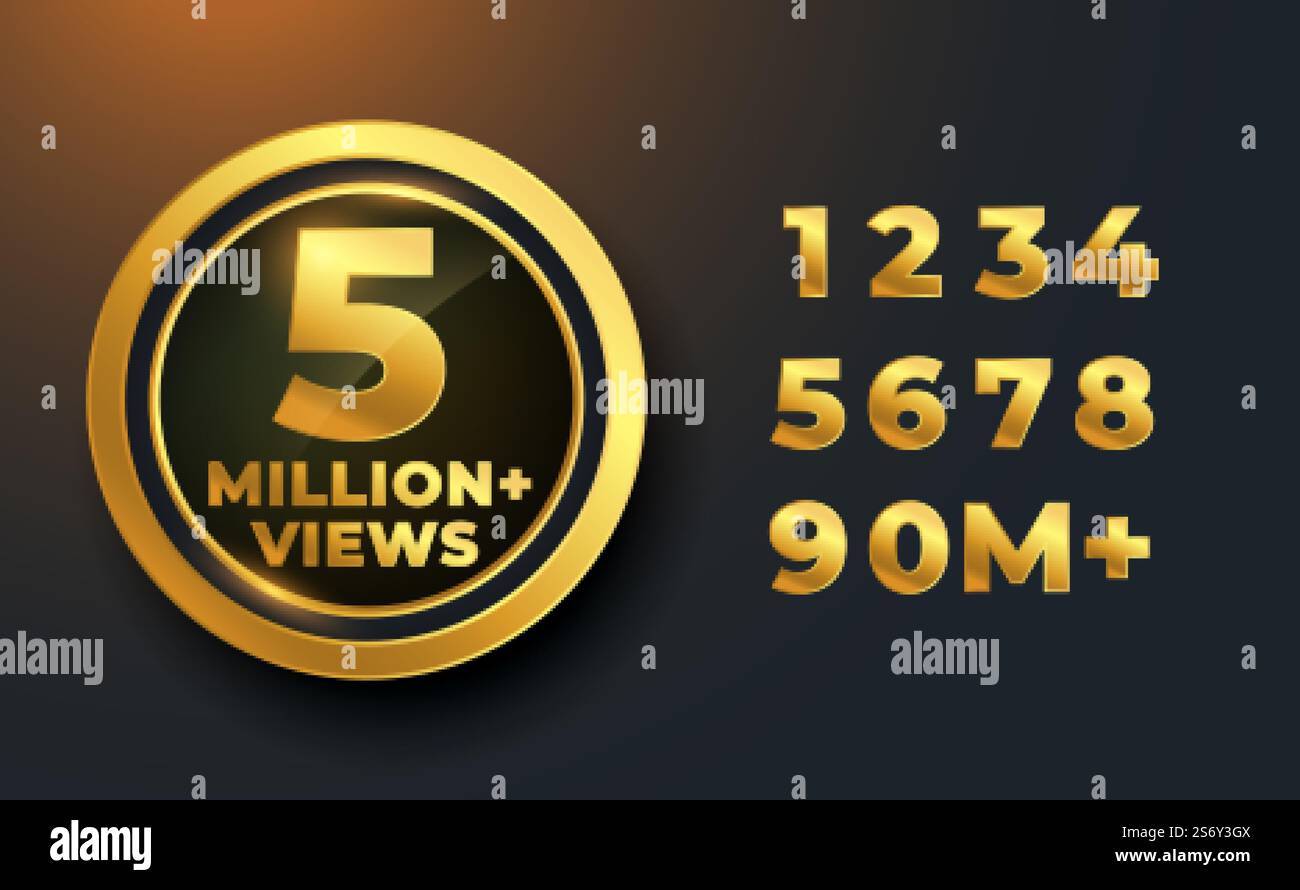 5 million or 5M views golden label badge design Stock Vector