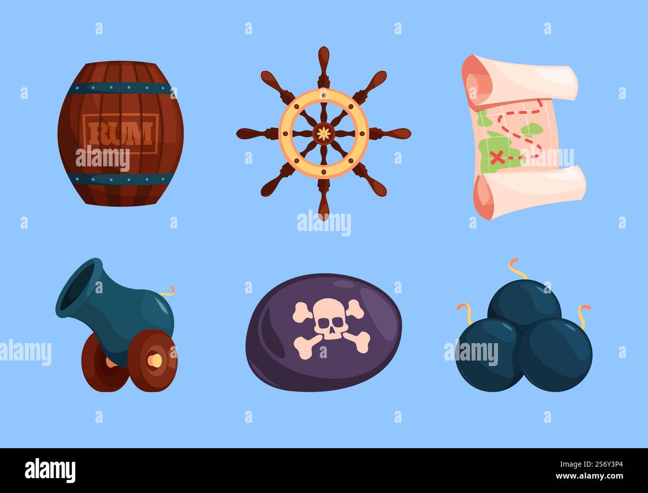 Pirate set. Old weapons treasure bottles bomb vintage elements and pirate symbols garish vector illustrations in flat style. Pirate elements rum and barrel. Pirate set. Old weapons treasure bottles bomb vintage elements and pirate symbols garish vector illustrations in flat style Stock Vector