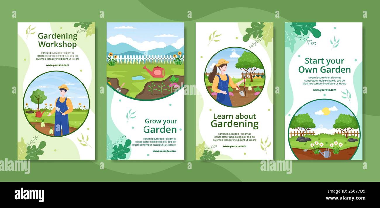 Gardening Social Media Stories Template Flat Cartoon Background Vector ...
