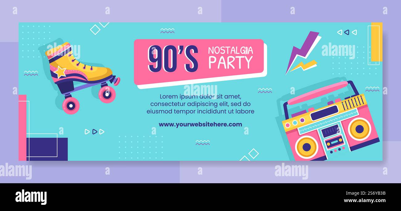 90s Retro Party Cover Template Flat Cartoon Background Vector Illustration Stock Vector
