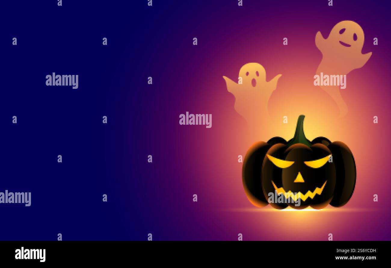 realistic halloween pumpkin with scary ghosts background Stock Vector