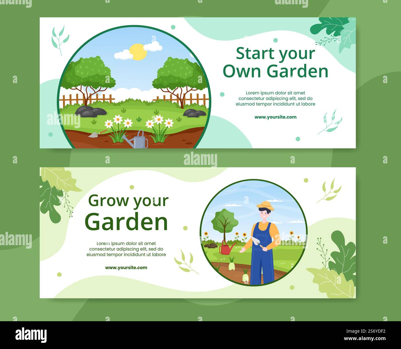 Gardening Banner Template Flat Cartoon Background Vector Illustration ...