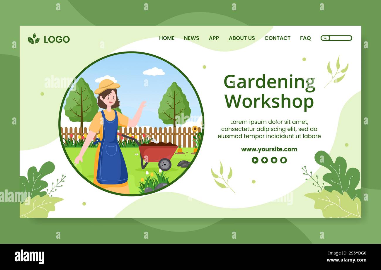 Gardening Social Media Landing Page Template Flat Cartoon Background ...