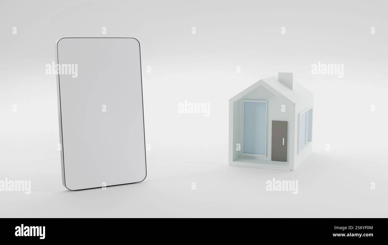 3D model of house and mobile phone on white background, order and purchase online via phone, real estate and online order Stock Photo