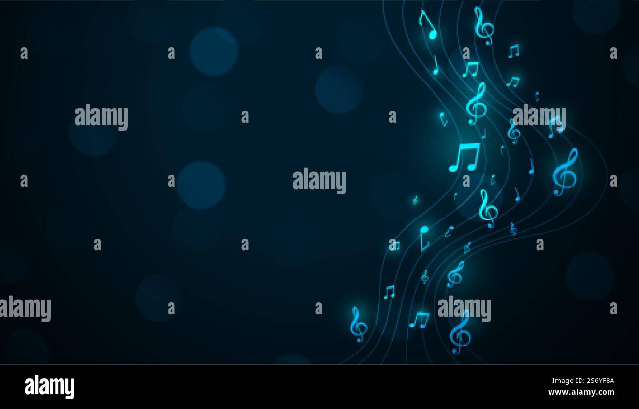 glowing musical pentagram background with sound notes Stock Vector