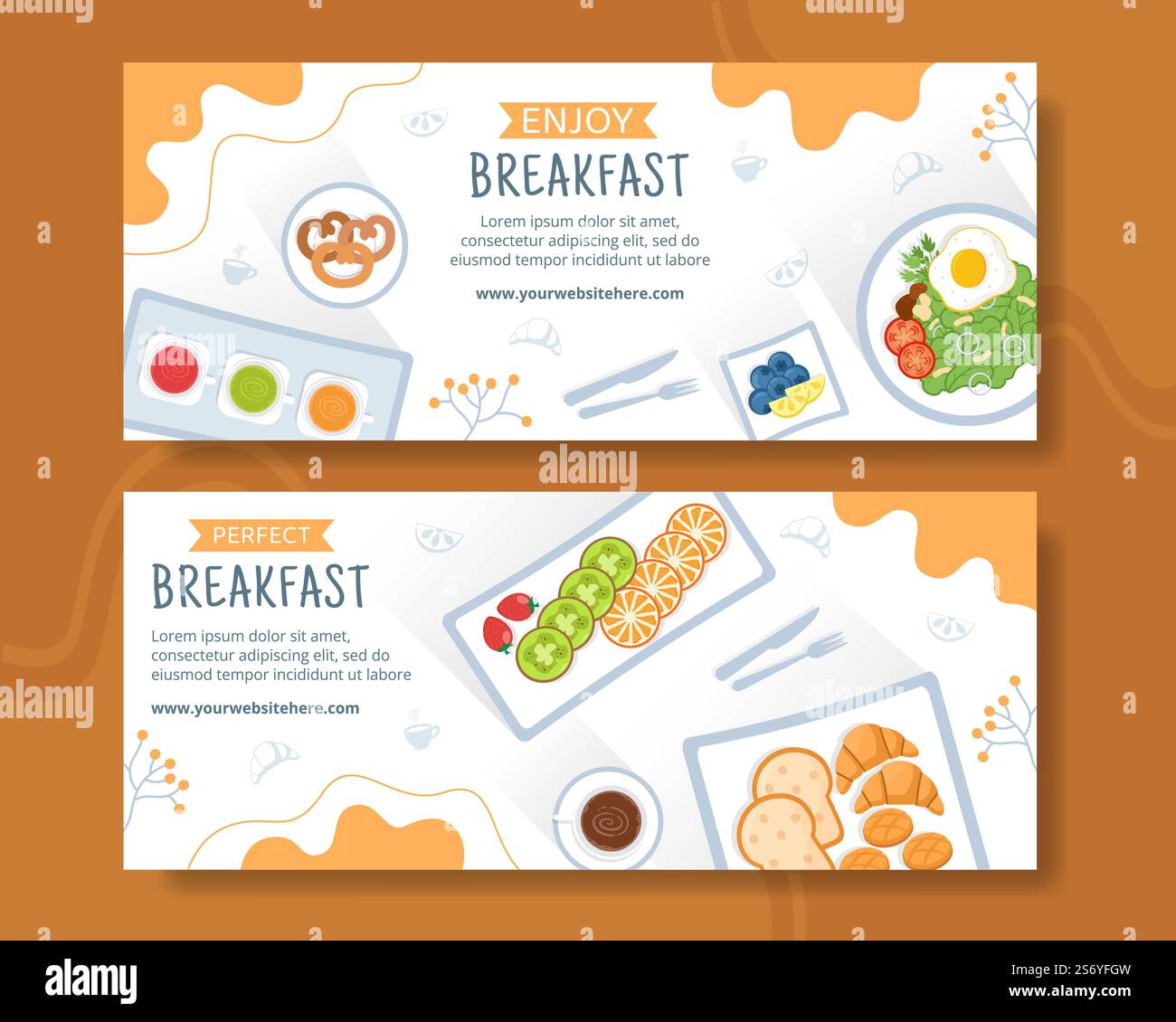 Breakfasts Horizontal Banner Template Flat Cartoon Background Vector Illustration Stock Vector