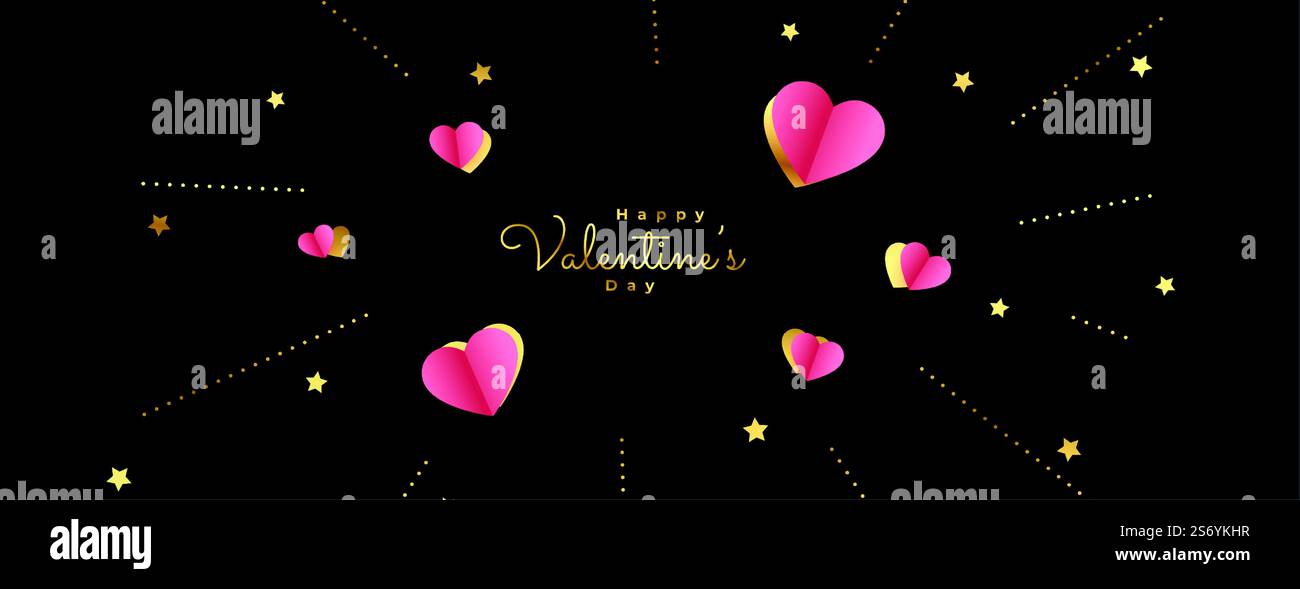 valentines day banner with hearts burst and golden lines Stock Vector ...